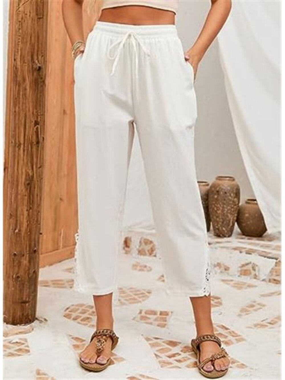 Women Casual Lightweight Drawstring Elastic Waist Pants with Pockets, - Picture 3 of 6